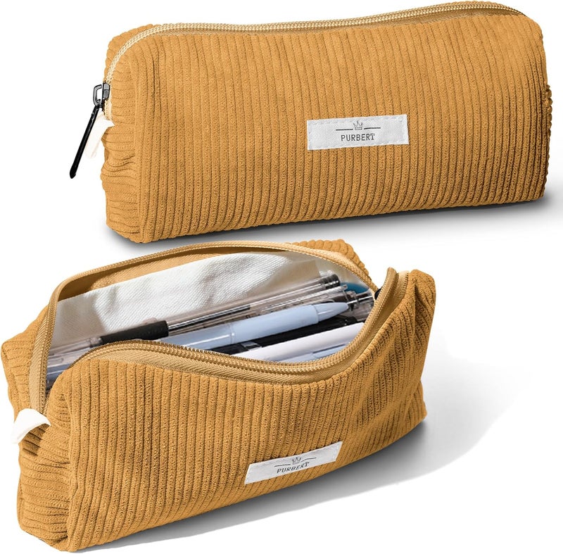 Purbert Pencil Bag Pen Case, Soft Corduroy Small Pencil Pouch Organizer with Zipper, Cute Pencil Case Pouch Stationery for Girls and Boys – Yellow - Image 1